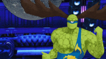 a cartoon character is standing in front of a disco ball in a room