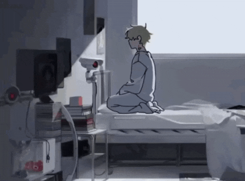 a drawing of a person sitting on a bed in a room