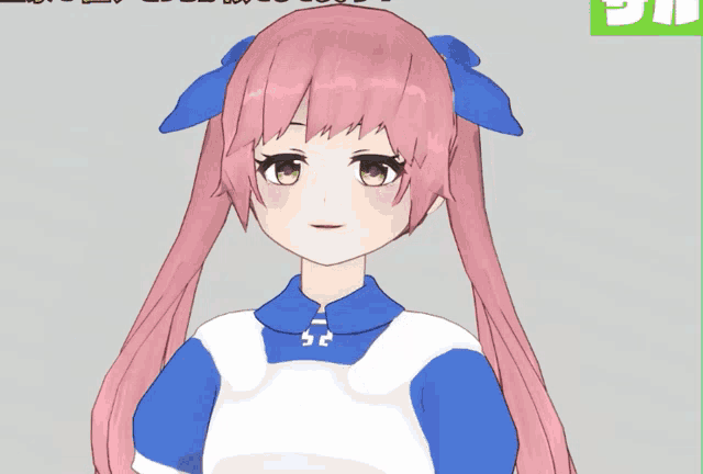 a girl with pink hair and green eyes stands in front of a sign that says ' oi oi '
