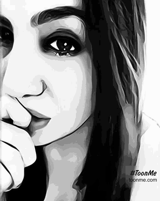 a black and white drawing of a woman 's face with #toonme written below it