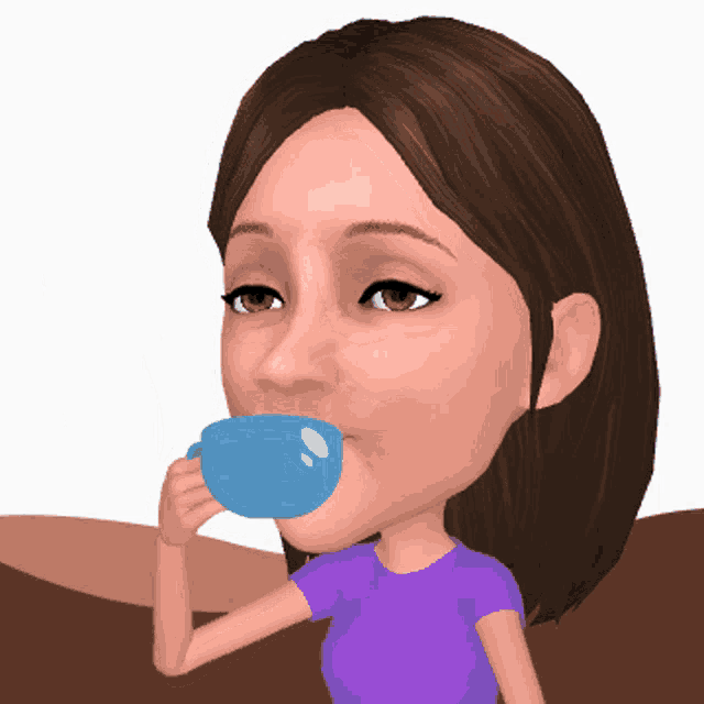 a cartoon girl drinking from a blue cup