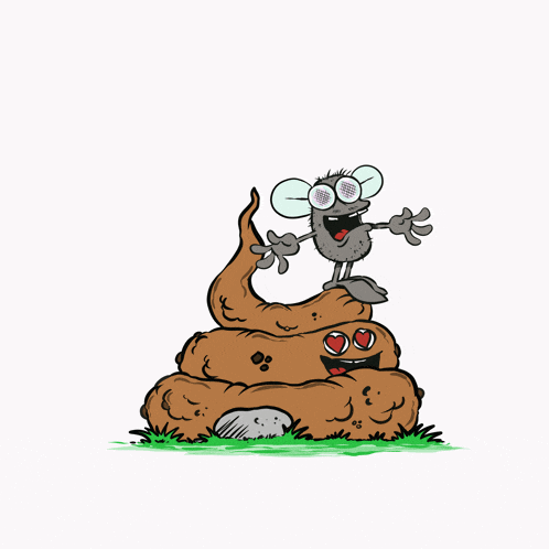 a cartoon drawing of a fly sitting on a pile of poop
