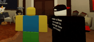 a roblox character has a shirt that says make a free account to change how you look