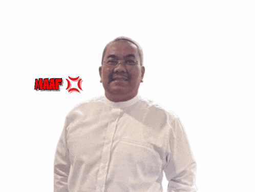 a man wearing a white shirt has the word maaf written on his shirt