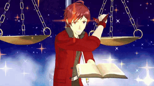 a man with red hair is holding a book in front of a scale
