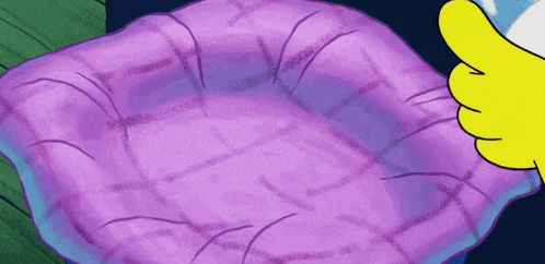 a yellow cartoon character is holding a purple pillow .