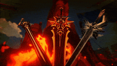 three swords are displayed in front of flames