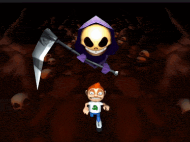 a video game called running fred shows a grim reaper holding a scythe