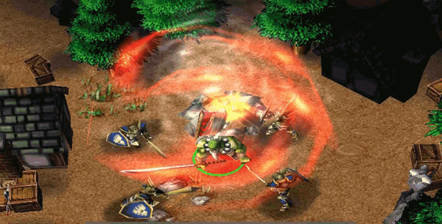 a video game is being played where a knight is fighting an orc with a sword