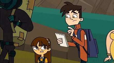 a boy and a girl are standing next to each other in a cartoon . the boy is holding a notebook .