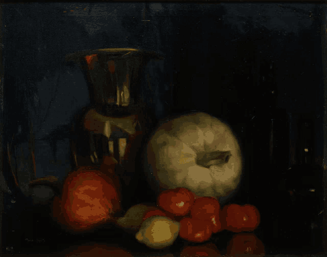 a painting of a vase surrounded by fruit including tomatoes