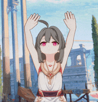 a cartoon girl with a key around her neck is raising her hands in the air