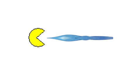 a pixel art of a yellow circle and a blue arrow