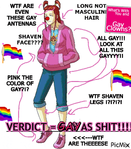 a cartoon drawing of a gay clown with rainbow flags
