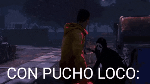 a man in a red hoodie is kneeling down in front of a scream character .