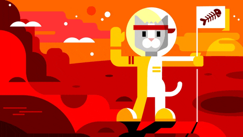 a cat in a space suit is holding a flag with a fish bone on it