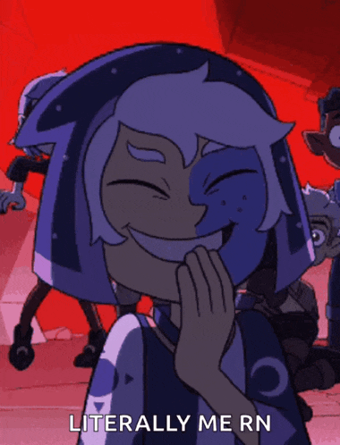 a cartoon character is smiling with the words literally me rn behind her