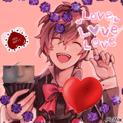 a picture of a boy holding a red heart with the words love love love