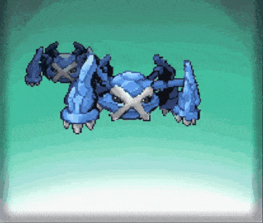 a pixel art of a blue and white monster with a cross on its chest