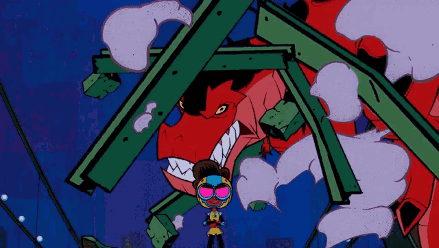 a cartoon drawing of a woman standing next to a monster