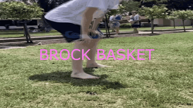a person is squatting down in the grass with the words brock basket written on the bottom