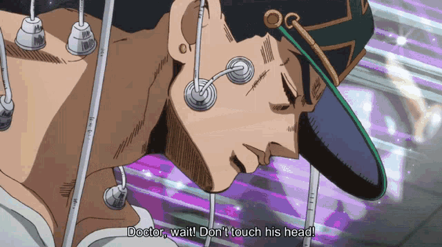 a cartoon of a man with wires around his neck and the words doctor wait don 't touch his head