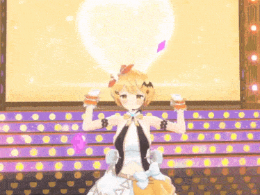 a 3d anime girl is standing on a stage holding a balloon in her hands .