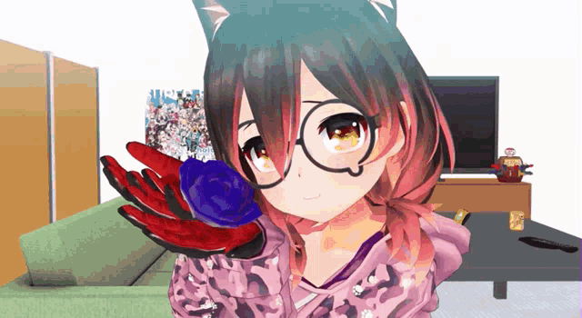 a girl with glasses and a cat ear is holding a red and blue object