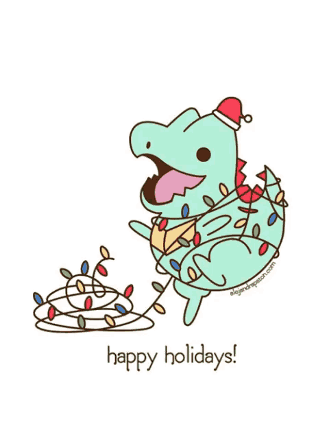 a drawing of a dinosaur with christmas lights and the words happy holidays on the bottom