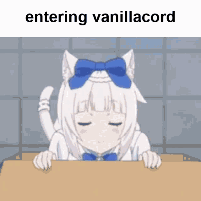 a cat girl with a blue bow is peeking over a wall .