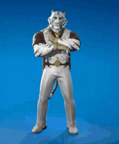a man with a tiger head is wearing a white suit and tie