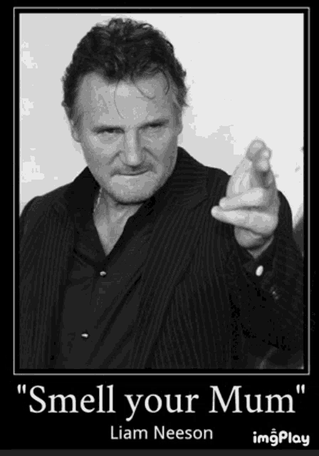 a black and white poster of liam neeson pointing