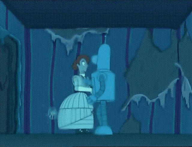 a cartoon of a woman standing next to a robot in a cage