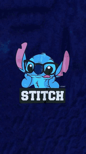 a picture of stitch wearing glasses on a blue shirt