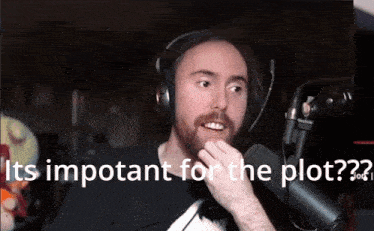 a man wearing headphones stands in front of a microphone with the words " it 's important for the plot " behind him