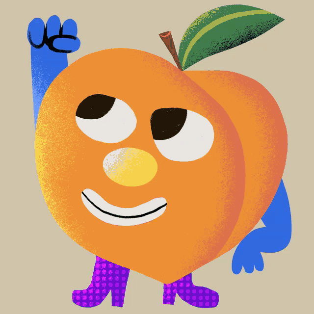 a cartoon illustration of a peach with a blue arm and purple boots