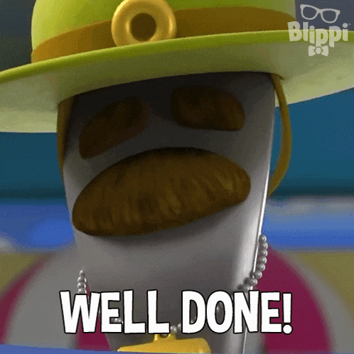a cartoon character with a mustache and a hat says well done