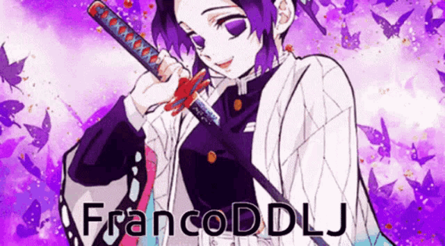 a girl with purple hair is holding a sword in front of a purple background with the words francoddllj