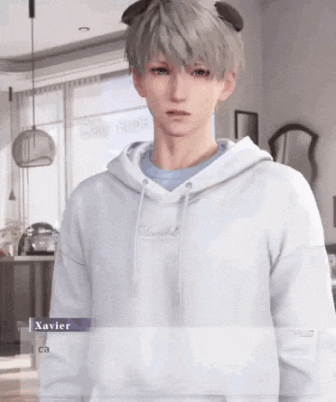 a man wearing a white hoodie is standing in a room with a window .