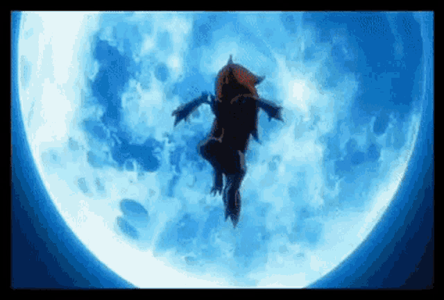 a cartoon character is flying in the air in front of a full moon .