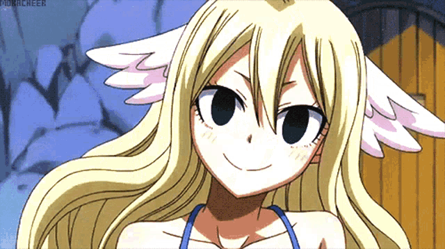 a girl with blonde hair and white wings is smiling and has moralcheer written below her