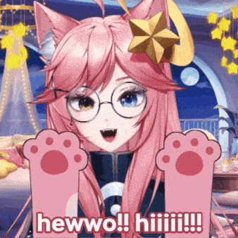 a girl with pink hair and glasses says hewwo