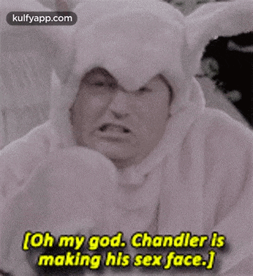a man in a bunny costume says " oh my god chandler is making his sex face "