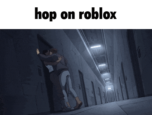 a couple hugging in a dark hallway with the words hop on roblox above them