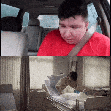 a man in a red shirt is sitting in the back seat of a car next to a hospital bed