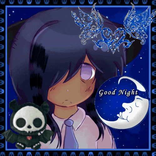 a picture of a girl with a skull and the words good night on it