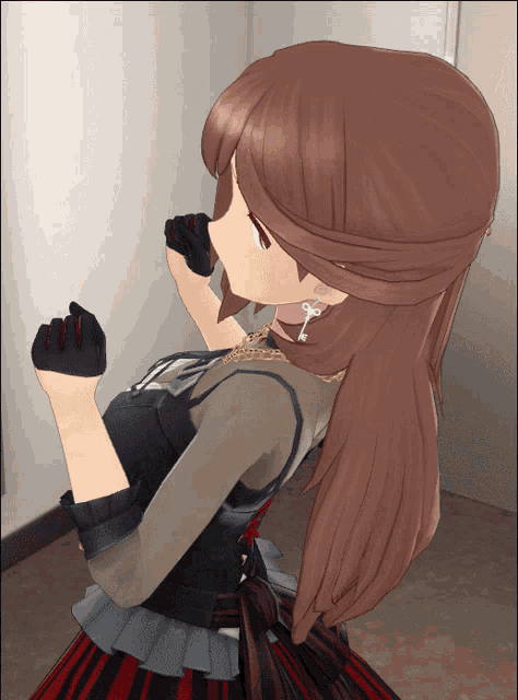 a girl with long brown hair is wearing a black and red dress and gloves