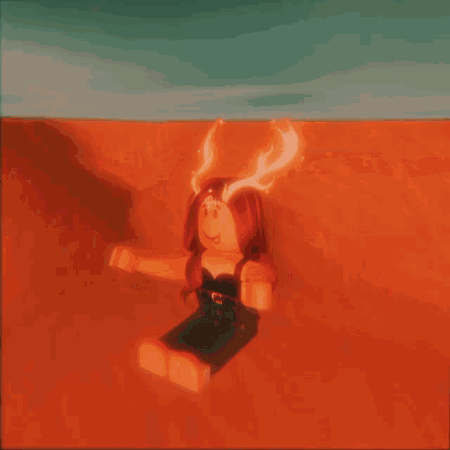 a girl with fire horns on her head is standing in a desert
