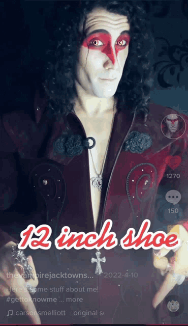 a picture of a man with red paint on his face and the words 12 inch shoe on the bottom