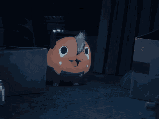 a cartoon character with a chainsaw on his head is sitting in a dark room
